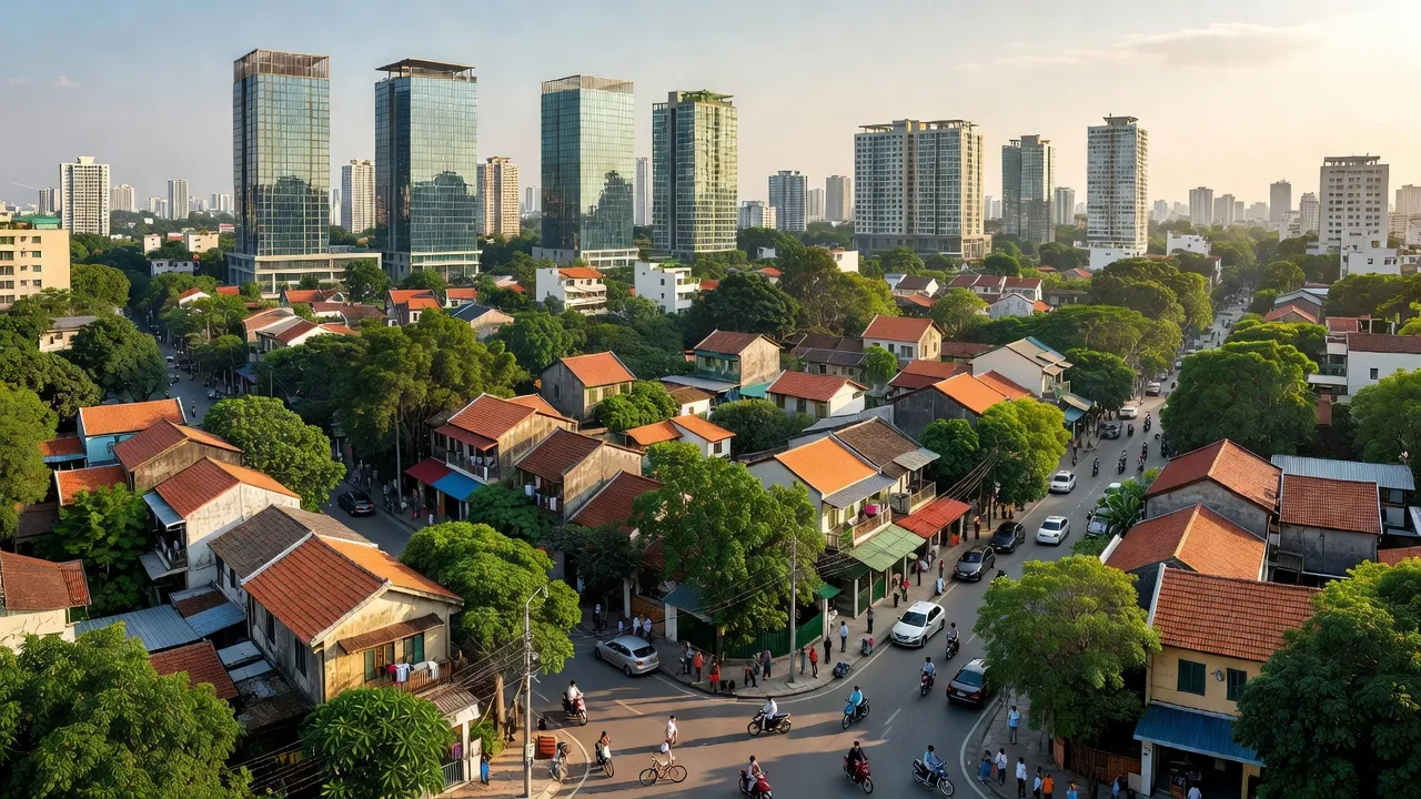 Khung cảnh Quận Kiến An, Hải Phòng với kiến trúc đô thị, cây xanh và đường phố nhộn nhịp.