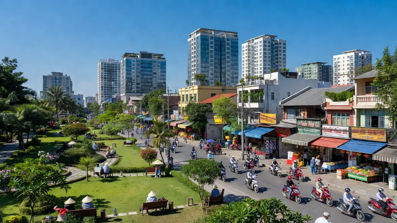 Quận Lê Chân, Hải Phòng với đô thị sôi động, công viên xanh, và cảnh quan đường phố nhộn nhịp.