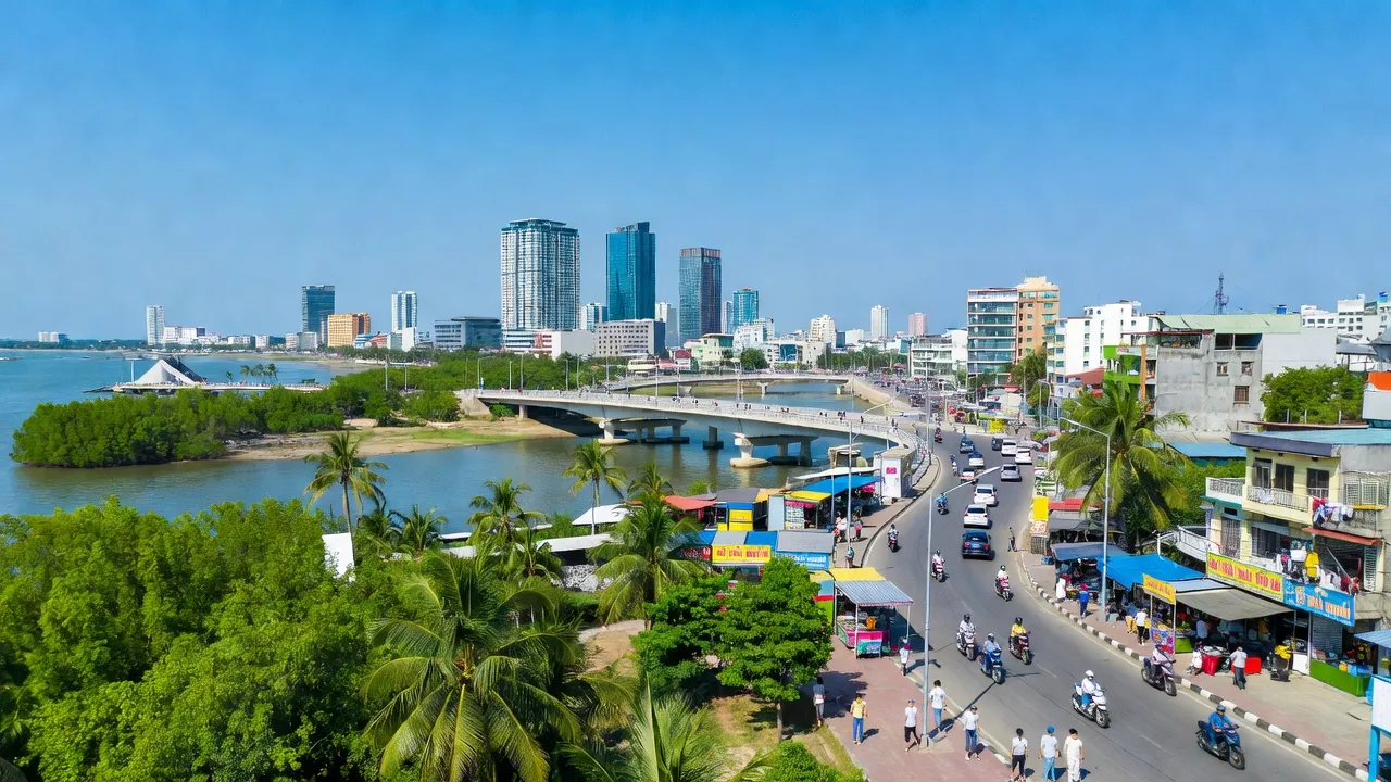 Khung cảnh thành phố Thủy Nguyên, Hải Phòng với giao thông và thiên nhiên xanh tươi.