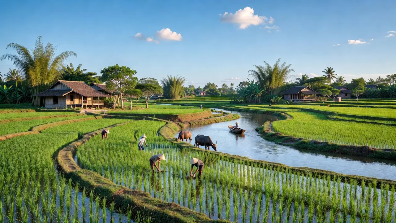 Cảnh đẹp huyện Tiên Lãng, Hải Phòng với đồng lúa xanh và sông nước bình yên.