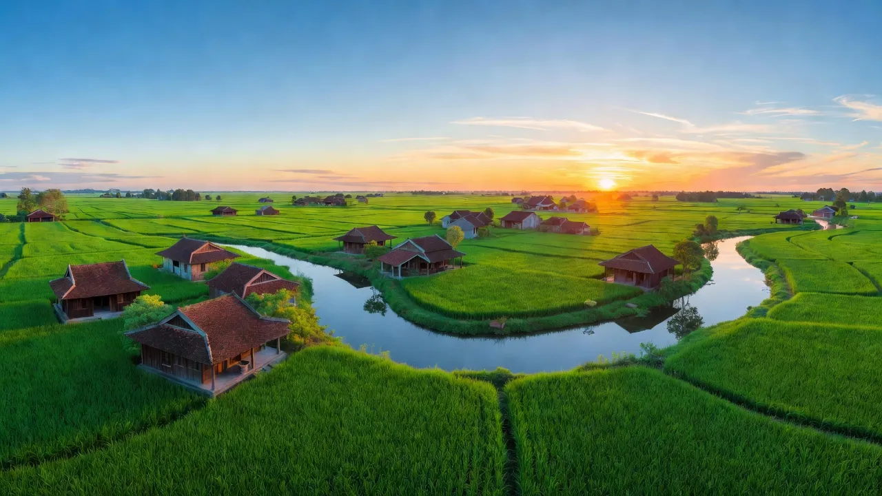 Khung cảnh huyện Tiên Lãng, Hải Phòng với đồng xanh và nhà truyền thống bên sông.