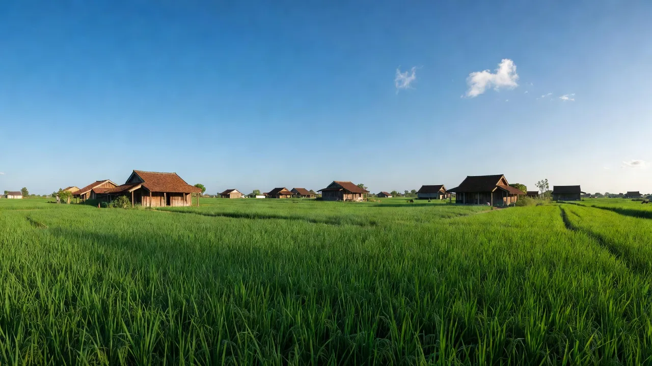 Cảnh quan huyện Vĩnh Bảo, Hải Phòng với cánh đồng xanh và nhà truyền thống, thể hiện nông thôn Việt Nam.