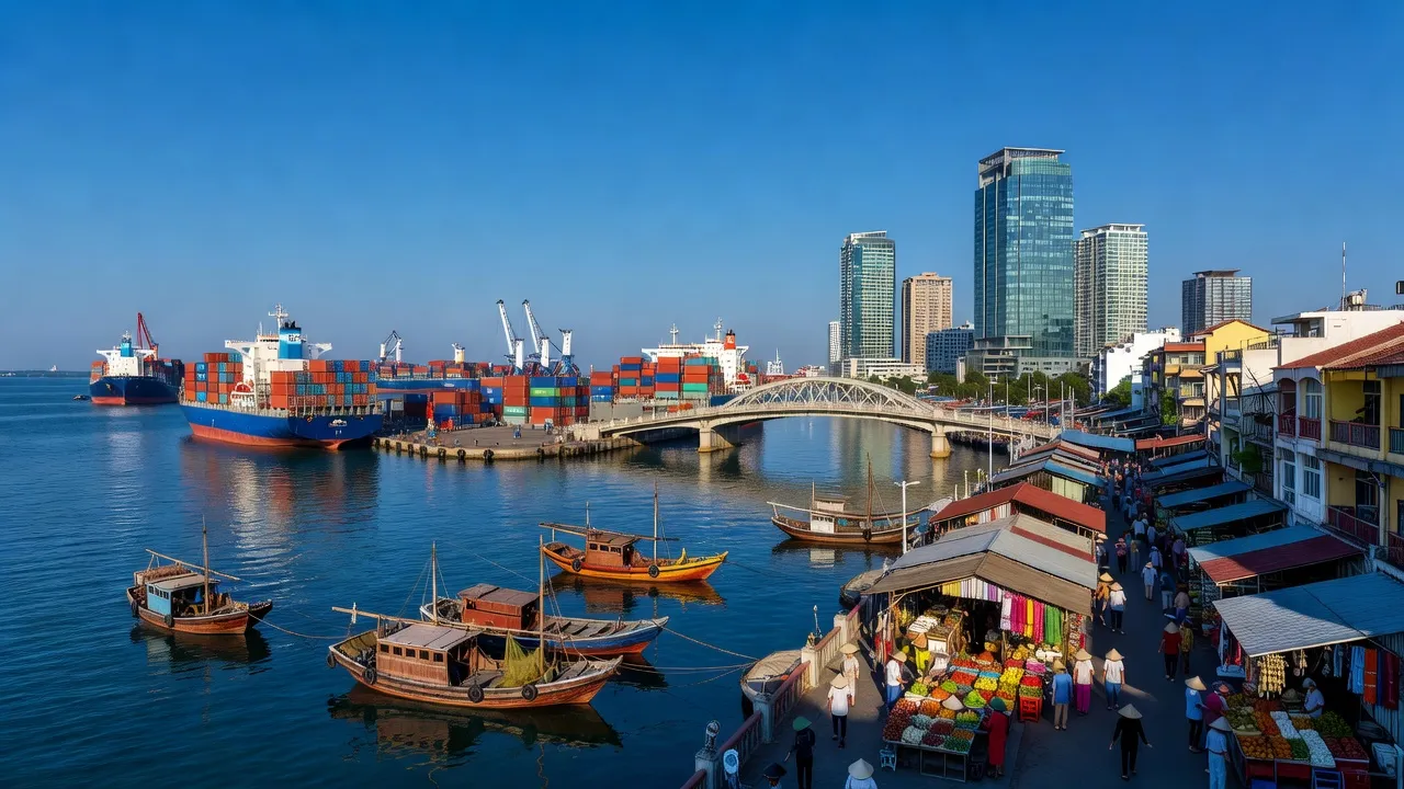Cảnh quan thành phố Hải Phòng với cảng biển nhộn nhịp, tàu thuyền và tòa nhà hiện đại.