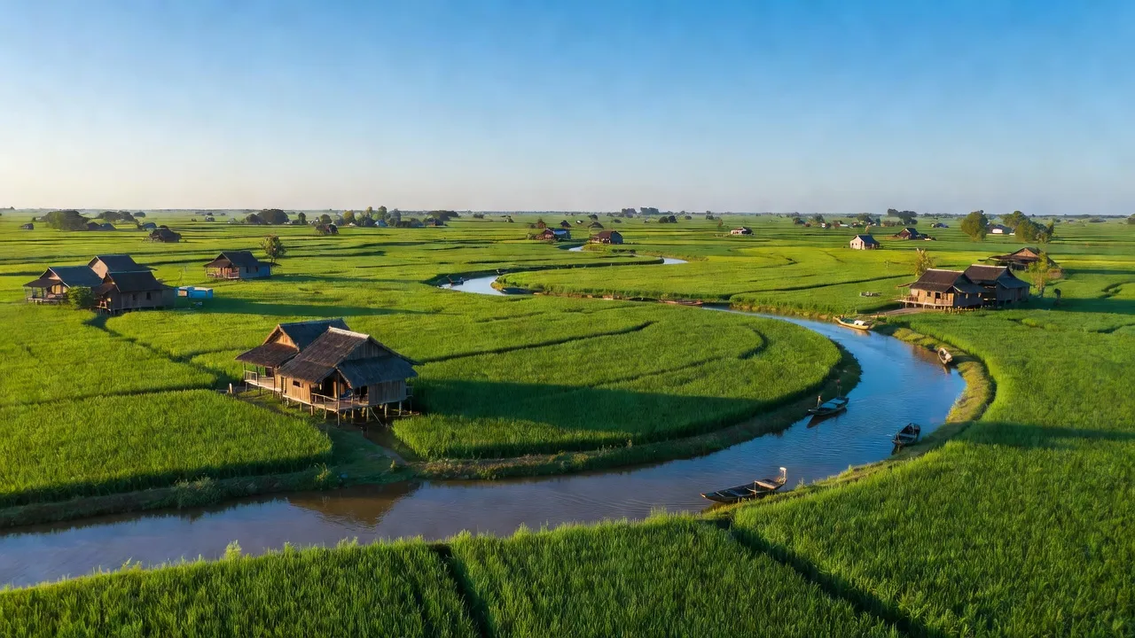 Khung cảnh huyện Châu Thành A, Hậu Giang với đồng lúa và dòng sông, thể hiện vẻ đẹp nông thôn.