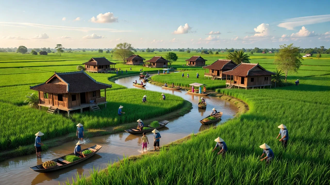Khung cảnh huyện Châu Thành, Hậu Giang với cánh đồng, sông nước và nhà truyền thống.