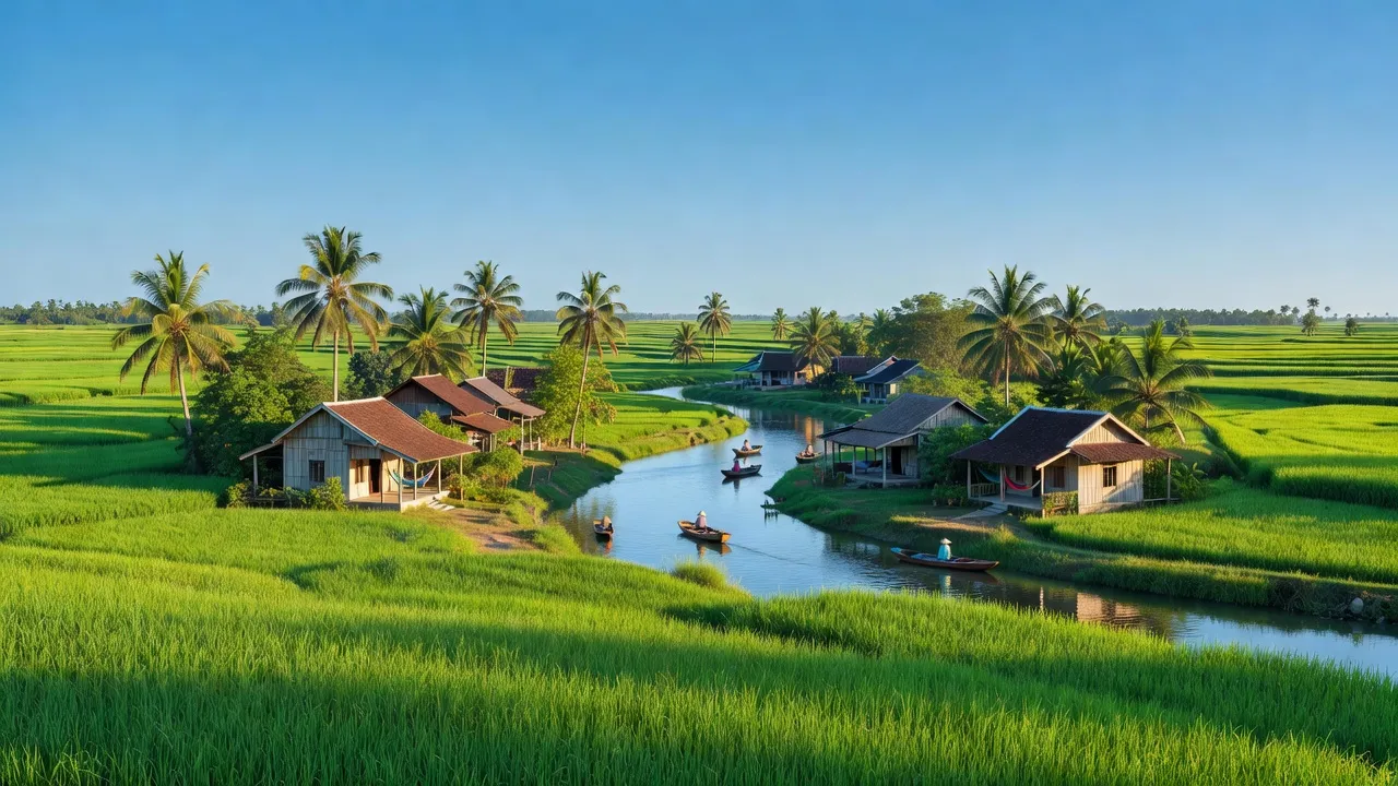 Quang cảnh huyện Châu Thành, Hậu Giang với cánh đồng xanh, dòng sông và nhà truyền thống.