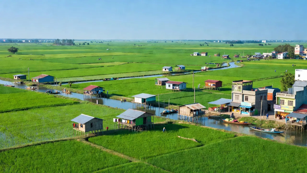 Cảnh quan huyện Long Mỹ, tỉnh Hậu Giang với đồng ruộng xanh tươi và sông nước hữu tình.
