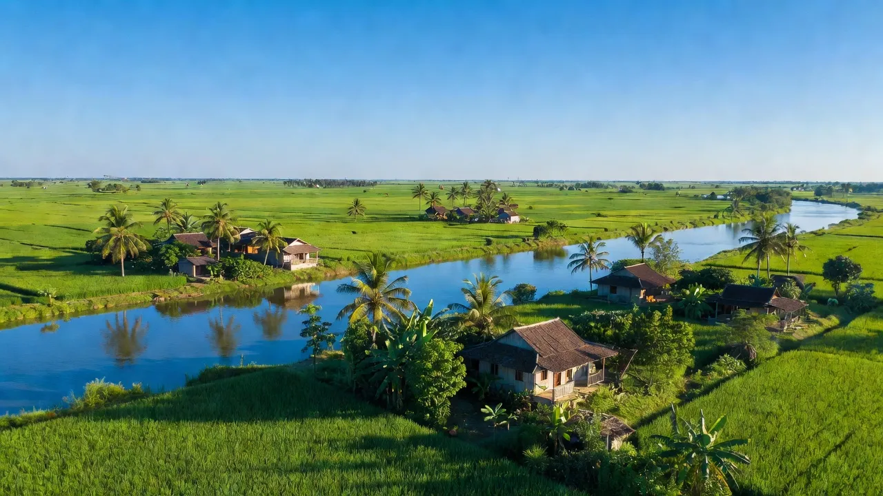 Cảnh quan huyện Long Mỹ với cánh đồng xanh và dòng sông Hậu, thể hiện vẻ đẹp nông thôn Việt Nam.