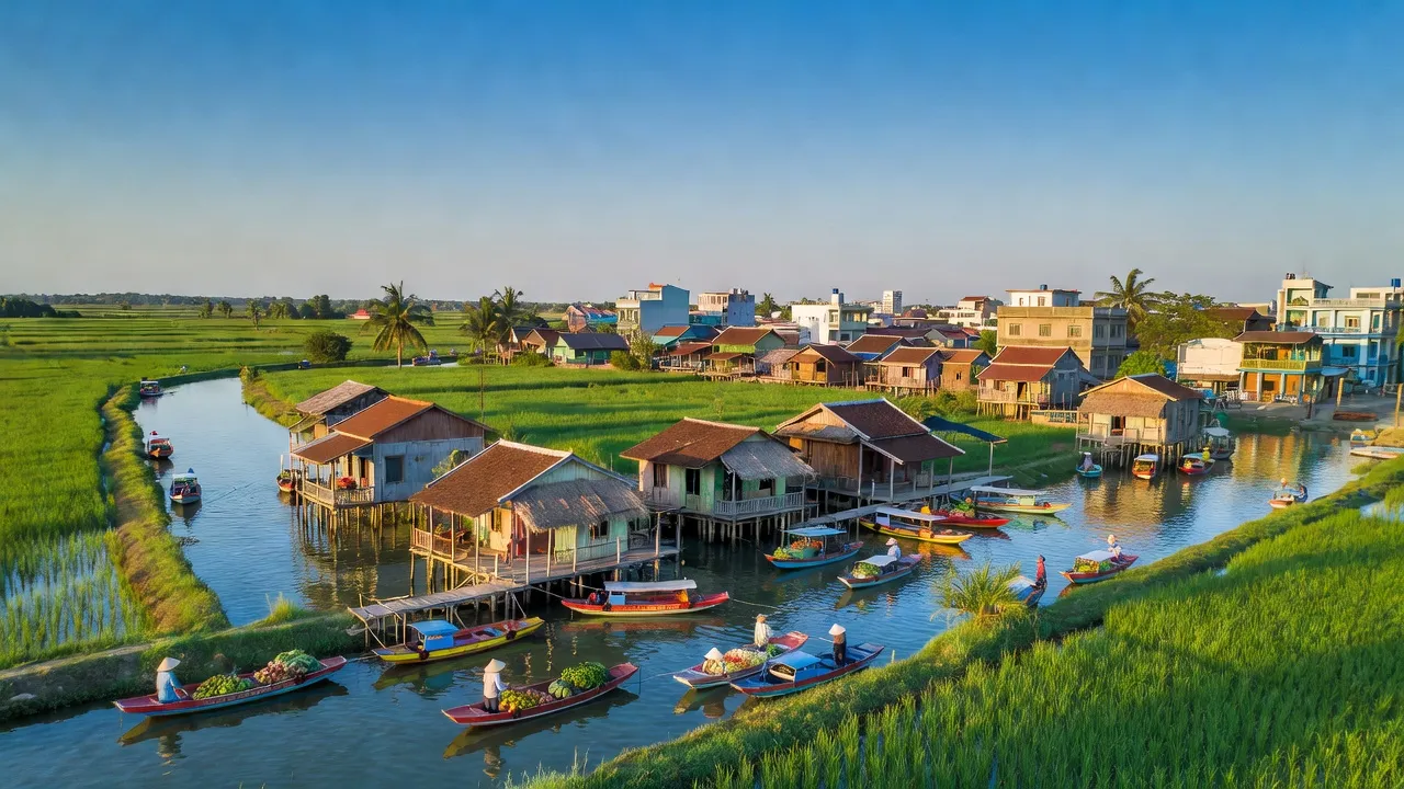 Quang cảnh thành phố Ngã Bảy với kênh rạch và nhà ở truyền thống, tỉnh Hậu Giang.