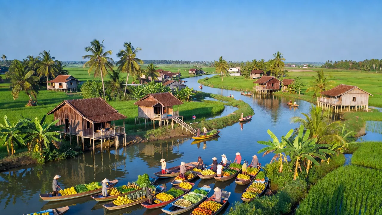Thành phố Ngã Bảy, tỉnh Hậu Giang, với kênh rạch và thiên nhiên xanh tươi, thể hiện cuộc sống địa phương.