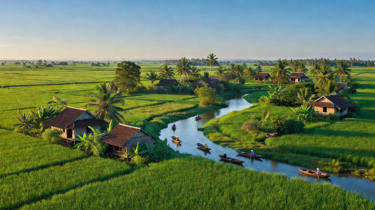 Cảnh đẹp huyện Phụng Hiệp, tỉnh Hậu Giang với cánh đồng xanh và nhà nông thôn.