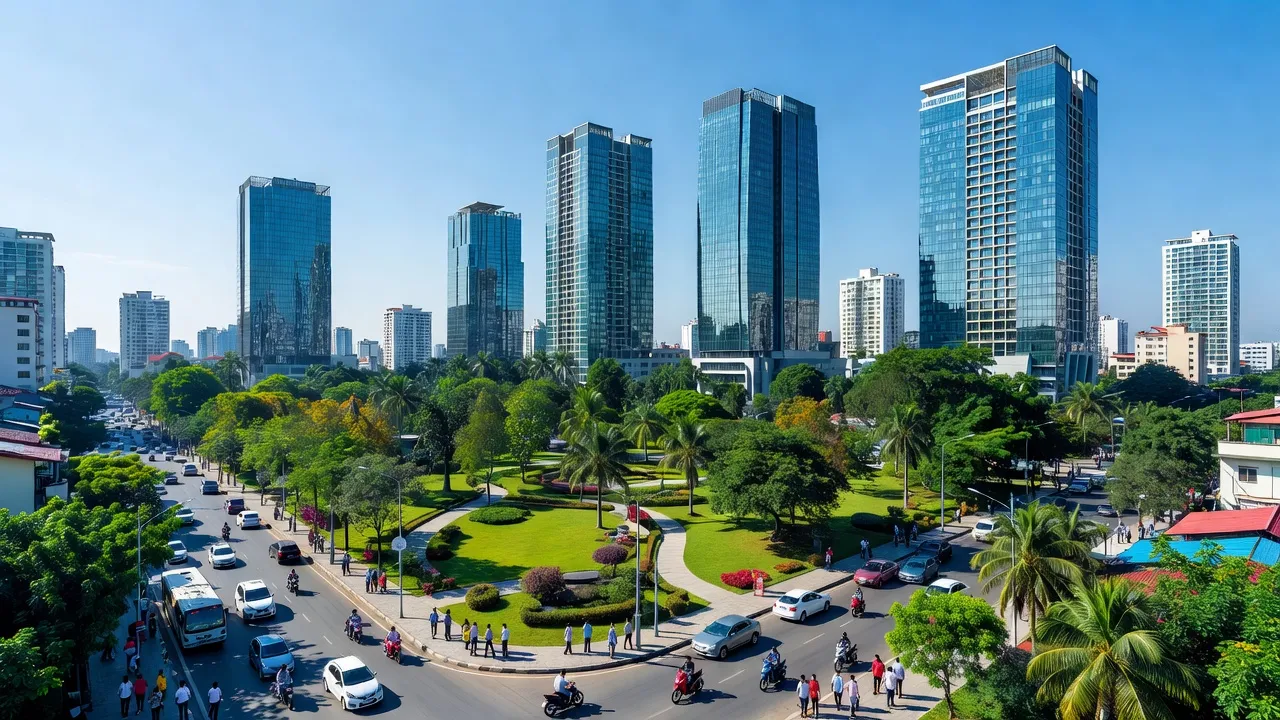 Khung cảnh thành phố Vị Thanh, Hậu Giang với nhà cửa hiện đại và cây xanh, bầu trời trong xanh.