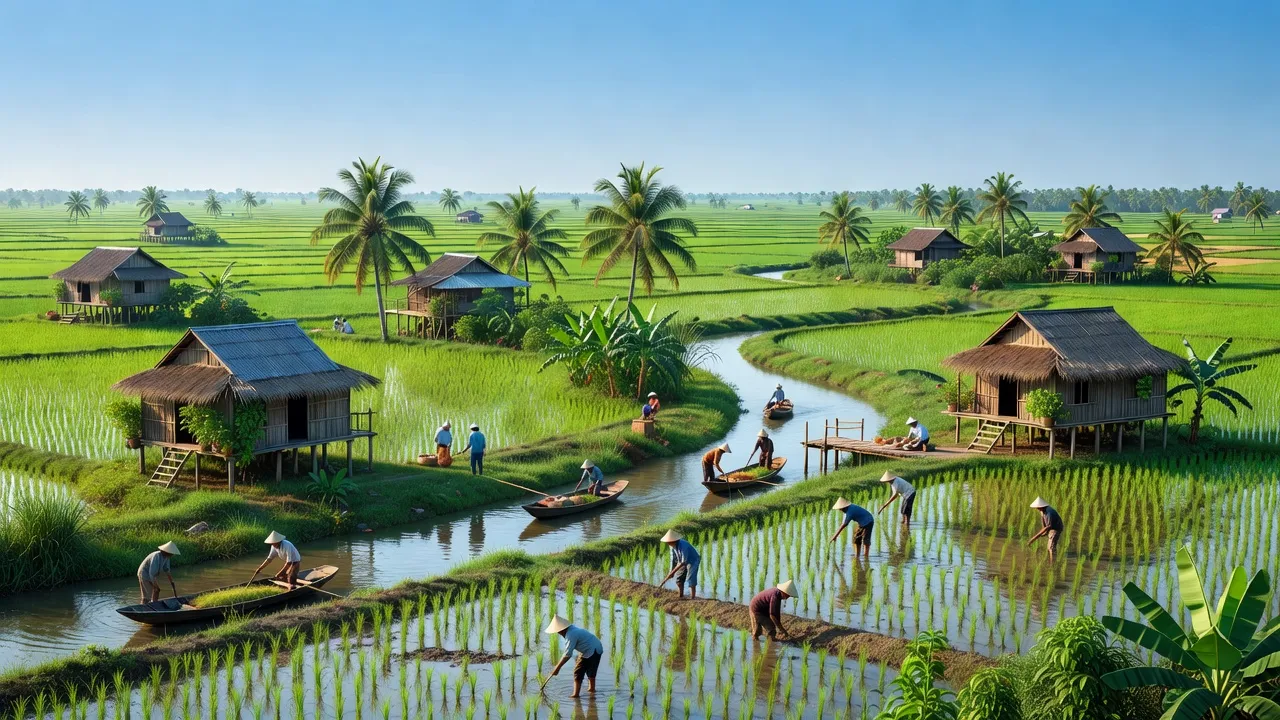 Cảnh đẹp huyện Vị Thuỷ, tỉnh Hậu Giang với cánh đồng xanh và dòng sông uốn khúc.