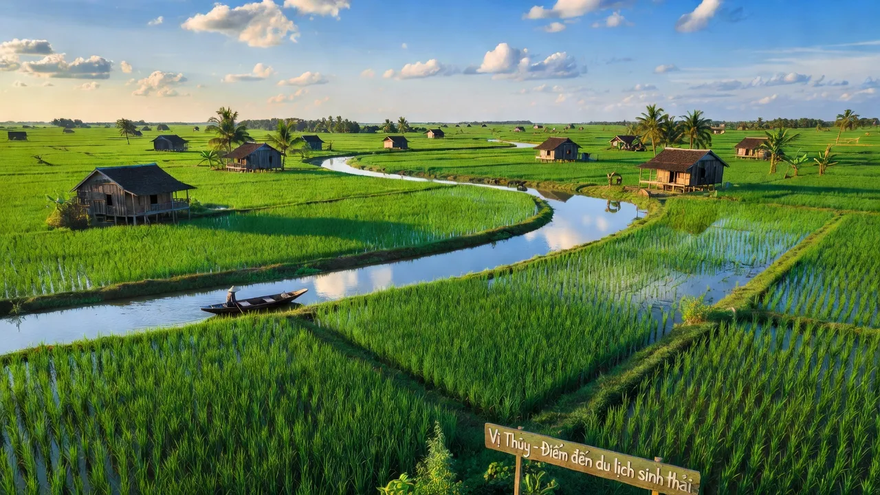 Cánh đồng xanh tươi và sông rạch ở huyện Vị Thuỷ, tỉnh Hậu Giang với nông nghiệp sinh thái.