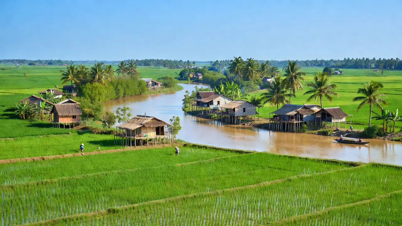 Cảnh sắc tỉnh Hậu Giang với cánh đồng xanh mướt và dòng sông uốn lượn, ngày nắng.