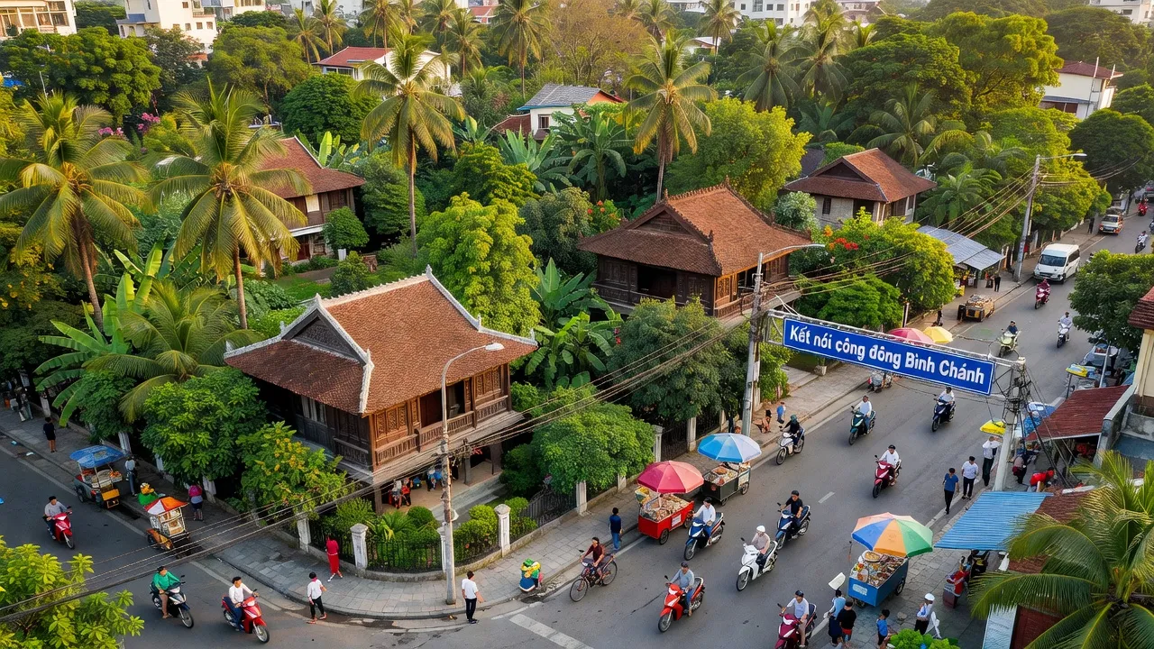 Huyện Bình Chánh, Thành phố Hồ Chí Minh với cây xanh, nhà truyền thống và cuộc sống đô thị sôi động.