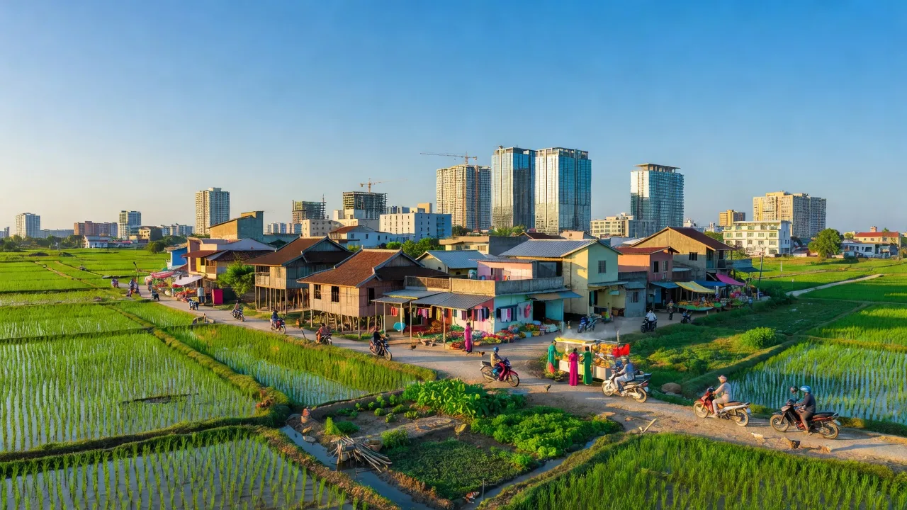 Quang cảnh huyện Bình Chánh, Thành phố Hồ Chí Minh với cánh đồng xanh và kiến trúc hiện đại.