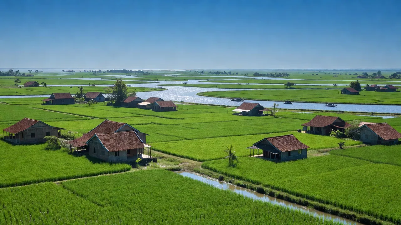 Cảnh đẹp huyện Củ Chi, Thành phố Hồ Chí Minh với cánh đồng xanh tươi và nhà truyền thống.