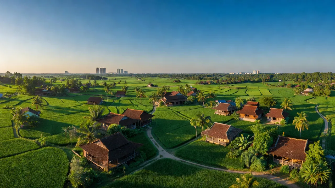 Khung cảnh huyện Củ Chi với đất xanh, nhà truyền thống và nông trại giữa thành phố Hồ Chí Minh.