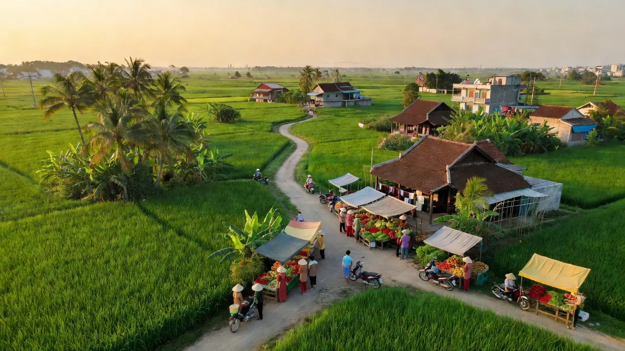 Cảnh quang huyện Hóc Môn, Thành phố Hồ Chí Minh với thiên nhiên xanh, nhà truyền thống, không khí trong lành.