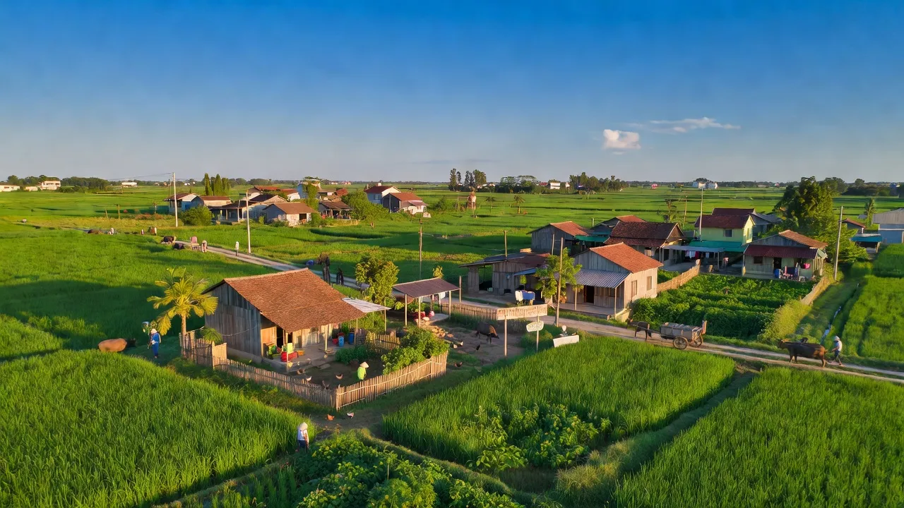 Khung cảnh Huyện Hóc Môn, gần Thành phố Hồ Chí Minh, với cánh đồng xanh và nhà cửa đơn giản.