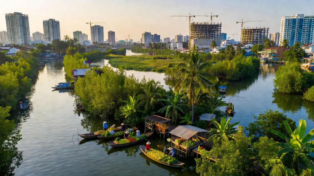 Khung cảnh huyện Nhà Bè với cây xanh, chợ địa phương và đường thủy, thể hiện sự phát triển đô thị.