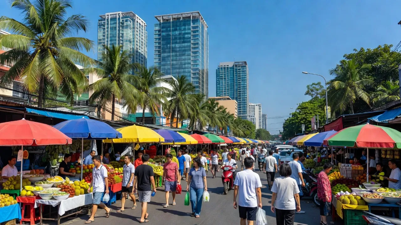 Quận 1, Thành phố Hồ Chí Minh, nhịp sống đô thị với đường phố nhộn nhịp, thời tiết nhiệt đới, cao ốc hiện đại.