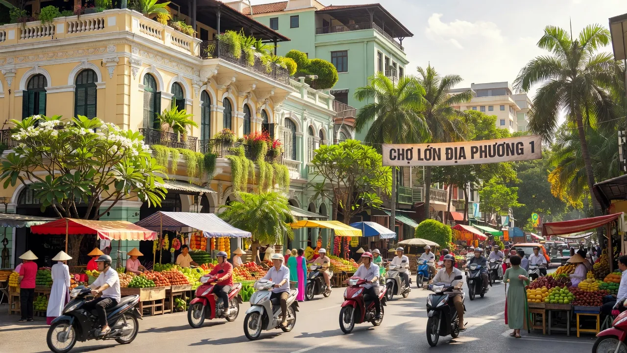 Quận 1, Thành phố Hồ Chí Minh với kiến trúc thuộc địa, chợ và không khí sôi động, thời tiết nắng đẹp.