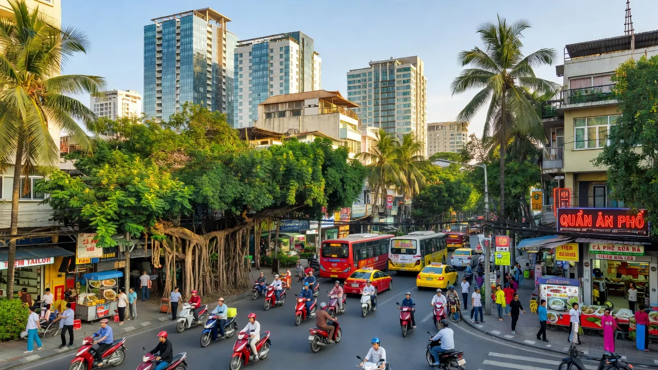 Khung cảnh nhộn nhịp Quận 10, Thành phố Hồ Chí Minh với tòa nhà, đường phố và cây xanh.