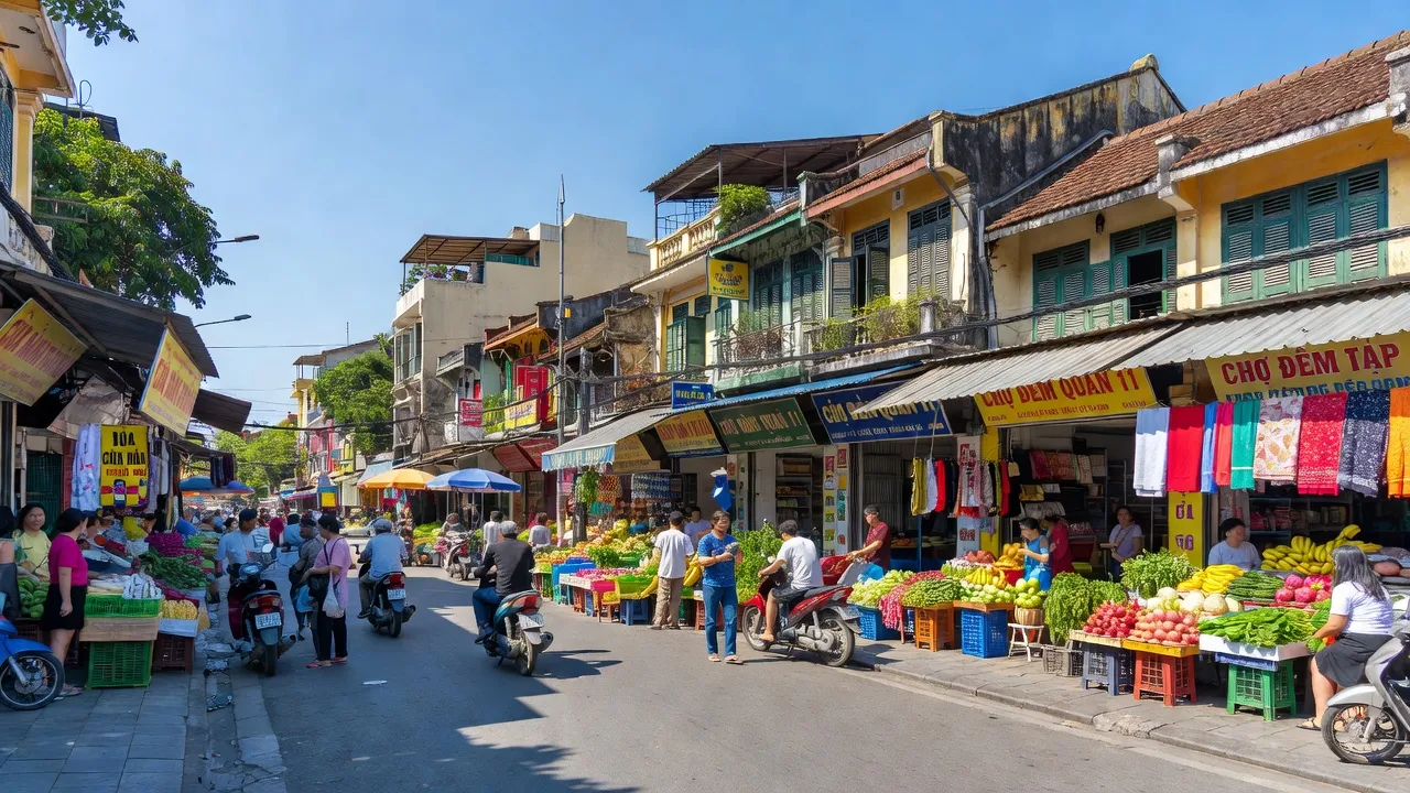 Khu phố sôi động tại Quận 11, Thành phố Hồ Chí Minh với kiến trúc truyền thống và cửa hàng địa phương.