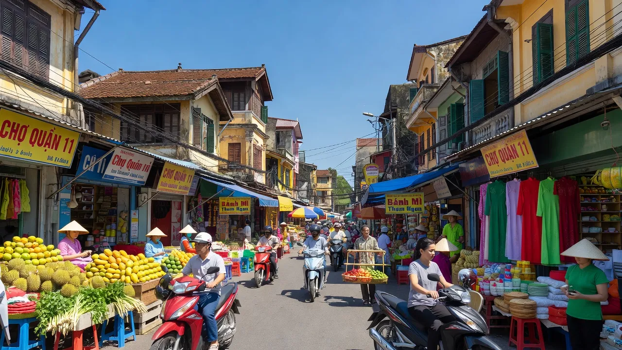 Quận 11, Thành phố Hồ Chí Minh, với cảnh phố sầm uất và kiến trúc truyền thống rõ nét.