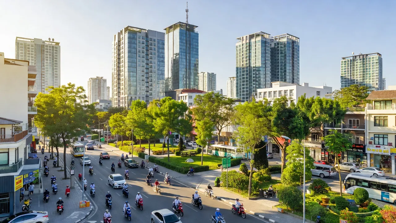 Cảnh quan đô thị hiện đại Quận 12, Thành phố Hồ Chí Minh với nhà cao tầng và cây xanh.