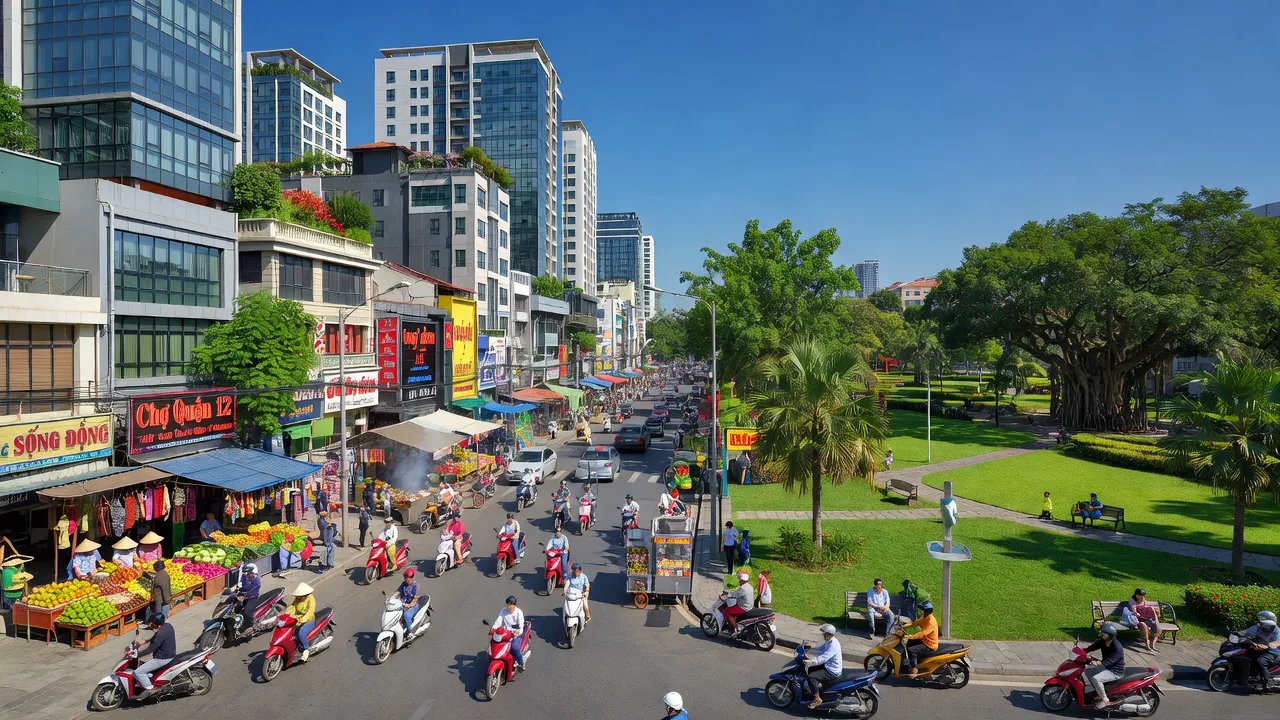 Quận 12, Thành phố Hồ Chí Minh với cảnh quan hiện đại và khu chợ nhộn nhịp.