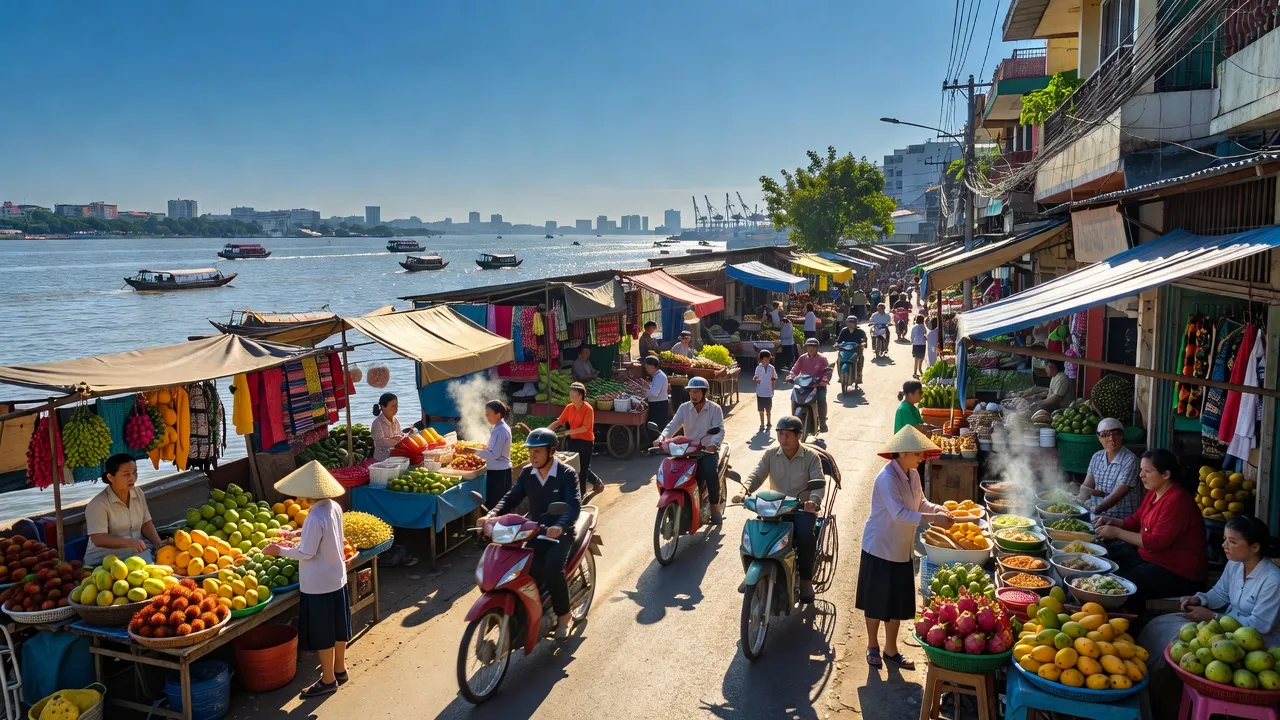 Khung cảnh nhộn nhịp tại Quận 4, Thành phố Hồ Chí Minh, bao gồm sông Sài Gòn và cuộc sống đô thị.