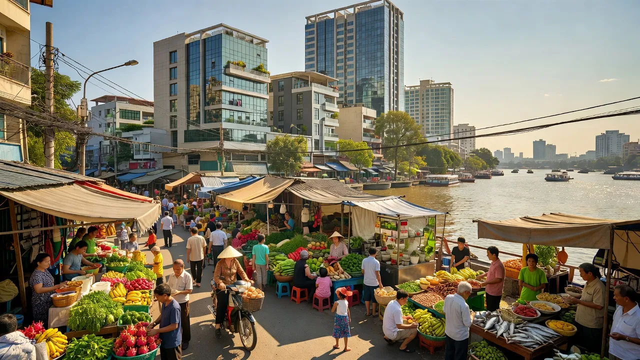 Quận 4, Thành phố Hồ Chí Minh, cảnh phố sôi động với chợ địa phương và dòng sông Sài Gòn.