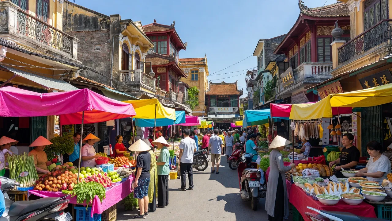 Cảnh đường phố Quận 5, Thành phố Hồ Chí Minh với chợ truyền thống và hoạt động nhộn nhịp.