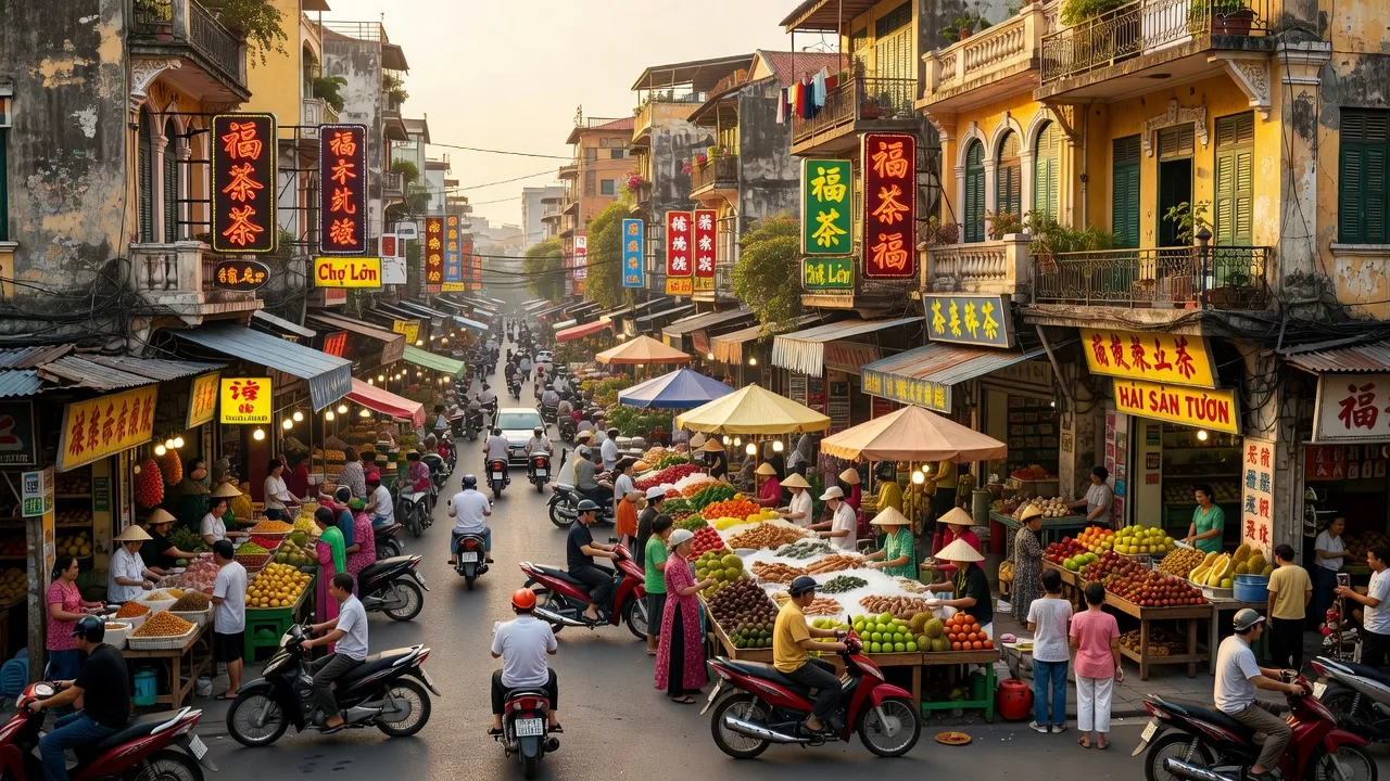 Quận 5, Thành phố Hồ Chí Minh với hoạt động thương mại sầm uất và kiến trúc Chợ Lớn.