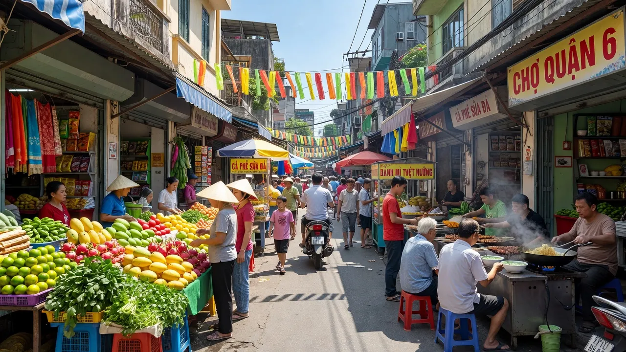 Khu phố nhộn nhịp ở Quận 6, Thành phố Hồ Chí Minh với bối cảnh chợ và đời sống địa phương.