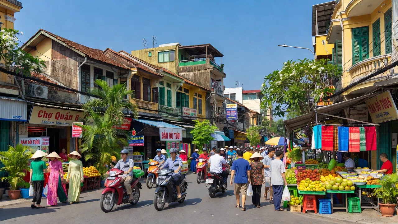 Quận 6, Thành phố Hồ Chí Minh với thị trường nhộn nhịp và kiến trúc truyền thống, trời xanh.