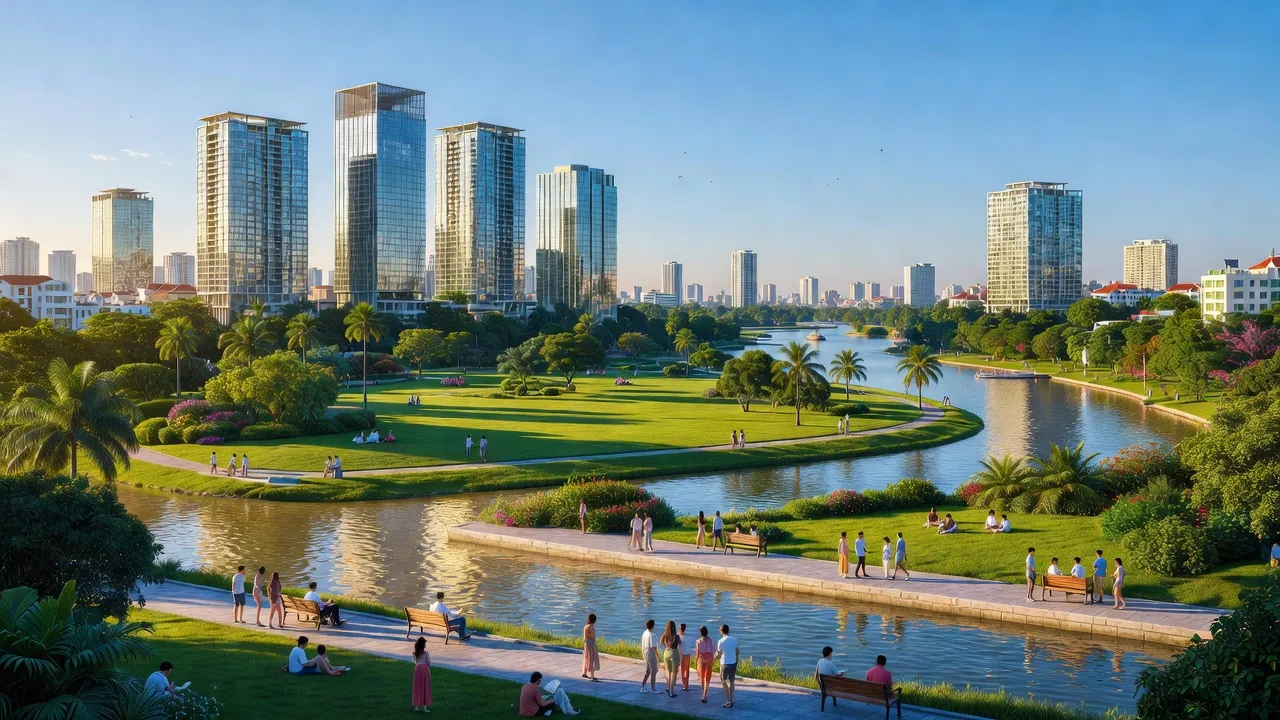Phong cảnh Quận 7, Hồ Chí Minh, với tòa nhà hiện đại, công viên xanh và sông rạch.