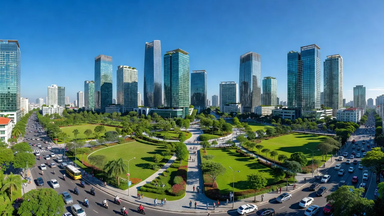 Quận 7, Thành phố Hồ Chí Minh với kiến trúc hiện đại và không gian xanh, thể hiện sự phát triển đô thị.
