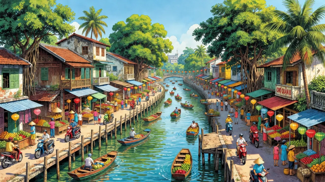 Quận 8, Thành phố Hồ Chí Minh với kênh rạch, nhà cửa và cuộc sống sôi động bên đường.