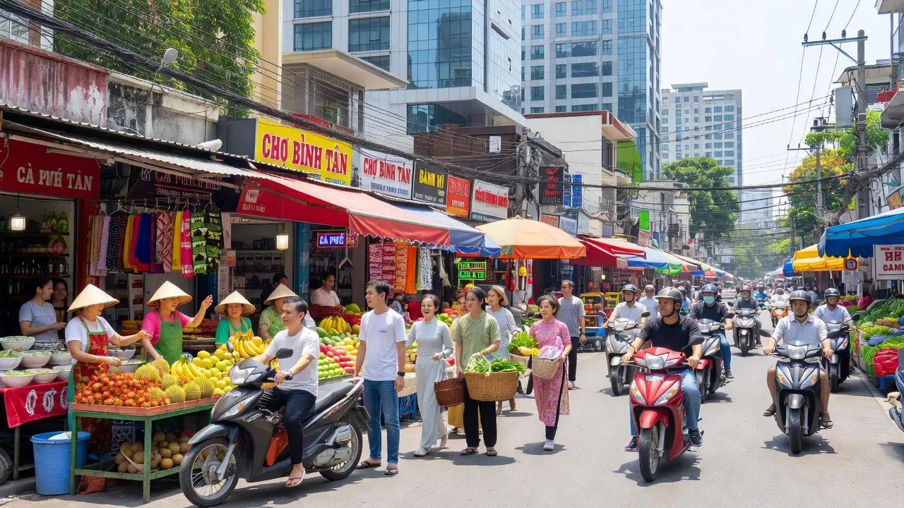 Khung cảnh nhộn nhịp của Quận Bình Tân, Thành phố Hồ Chí Minh với chợ và kiến trúc hiện đại.