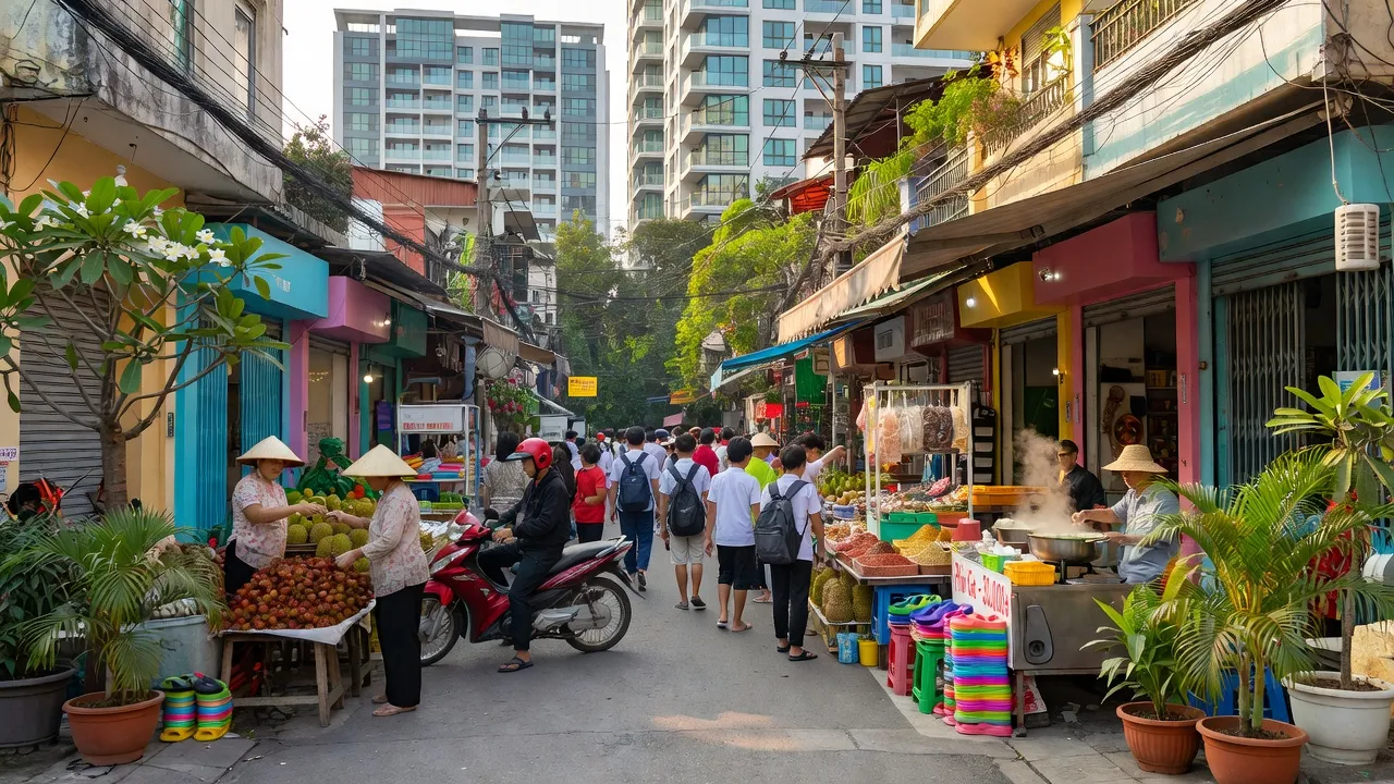 Khung cảnh nhộn nhịp ở Quận Bình Tân, Thành phố Hồ Chí Minh với chợ địa phương và cửa hàng đa dạng.
