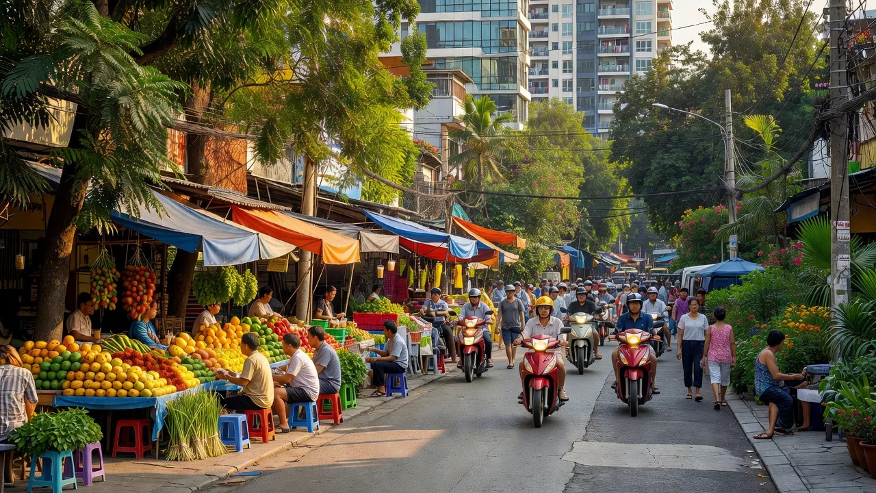 Cảnh đường phố sôi động tại Quận Gò Vấp, Thành phố Hồ Chí Minh, thị trường và không gian xanh.