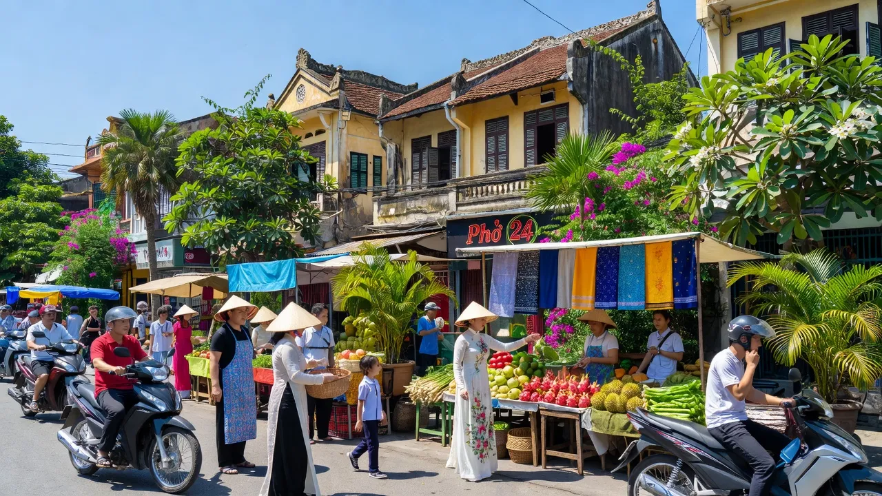 Khung cảnh nhộn nhịp tại Quận Gò Vấp, Thành phố Hồ Chí Minh, với chợ địa phương và kiến trúc truyền thống.