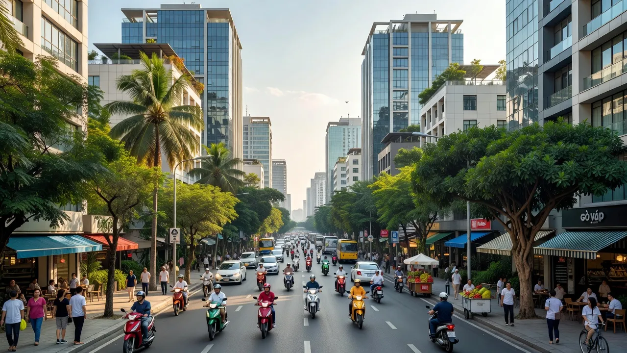 Quang cảnh Quận Gò Vấp, Thành phố Hồ Chí Minh với đường phố nhộn nhịp, cây xanh và kiến trúc hiện đại.