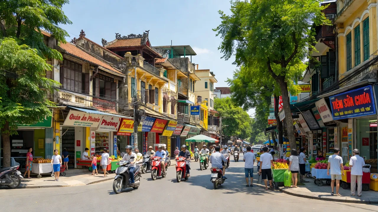 Phú Nhuận, Thành phố Hồ Chí Minh, cảnh đường phố nhộn nhịp với cửa hàng và kiến trúc truyền thống.