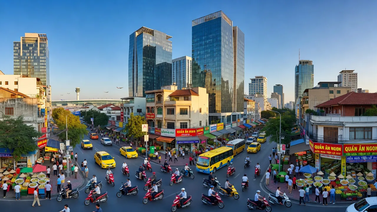 Quận Tân Bình, Thành phố Hồ Chí Minh với sân bay Tân Sơn Nhất và đường phố nhộn nhịp.