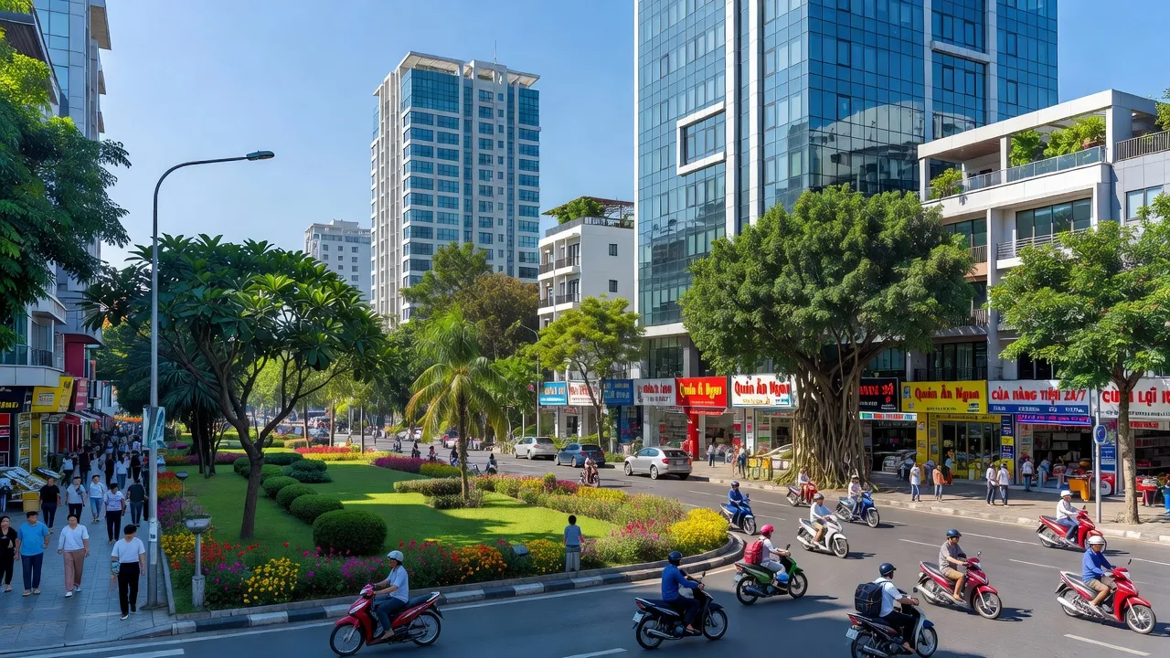 Quận Tân Phú, Thành phố Hồ Chí Minh với kiến trúc hiện đại và cảnh sắc đô thị xanh tươi.